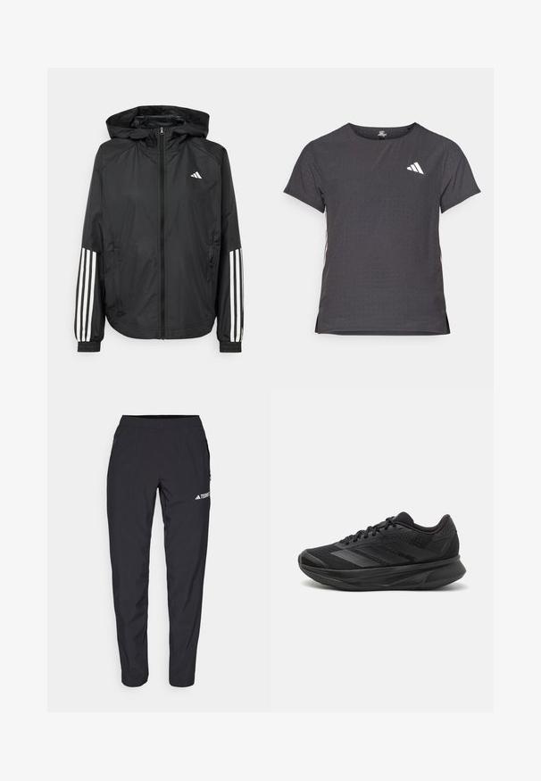Črna lahka jakna s kapuco, z polnim zadrgo spredaj, elastikami na zapestjih in belimi tridelnimi poudarki na rokavih.; Kratka športna majica s kratkimi rokavi, temno siva z perforirano teksturo. Ima bel logotip in kontrastne stranske črte. Okrogel ovratnik.; Črne športne hlače iz lahkega, raztegljivega materiala z elastičnim pasom in stranskimi žepi na zadrgo. Imajo belo logo na stegnu.; Črne športne copate z zračnim mrežastim zgornjim delom, zaobljenim nosom, elegantnim dizajnom, teksturiranimi detajli in oblazinjenim podplatom za udobje.
