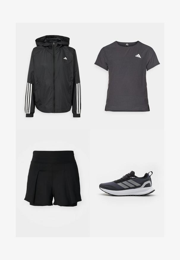Schwarze, leichte Jacke mit Kapuze, die einen durchgehenden Reißverschluss, elastische Bündchen und weiße dreistreifige Akzente an den Ärmeln aufweist.; Kurze Ärmel Sport-T-Shirt, dunkelgrau mit durchbrochener Textur. Enthält ein weißes Logo und kontrastierende Seitenstreifen. Runder Ausschnitt.; Schwarze Sportshorts mit einem breiten Taillenbund, plissiertem Vorderdesign und Innenfutter. Hergestellt aus dehnbarem, leichtem Stoff.; Schwarzer Sportschuh mit Obermaterial aus Mesh, weißer Mittelsohle, strukturiertem Gummisohle und drei grauen Streifen an der Seite. Verfügt über Schnürsenkel und eine Zuglasche.