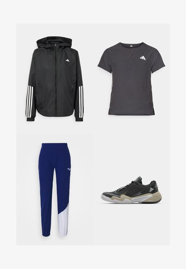 Casaco leve preto com capuz, apresentando um fecho de correr na frente, punhos elásticos e detalhes em branco com três riscas nas mangas.; T-shirt atlético de mangas curtas, cinza escuro com textura perfurada. Apresenta um logo branco e riscas laterais contrastantes. Decote arredondado.; Mizuno MUGEN PANT - Calças de fato de treino - estate blue/white; Sapatilha desportiva preta e bege com parte superior texturizada, design de sola proeminente, acabamentos refletivos e sistema de atacadores. Construção leve.