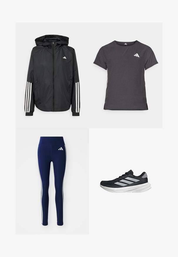 Chaqueta ligera negra con capucha, que cuenta con un cierre frontal de cremallera completa, puños elásticos y acentos blancos de tres rayas en las mangas.; Camiseta atlética de manga corta, gris oscuro con textura perforada. Presenta un logo blanco y rayas laterales en contraste. Escote redondeado.; Leggings navy fabricados con tela elástica, que cuentan con una cintura alta y rayas blancas en los laterales. Un pequeño logo blanco es visible en el muslo superior.; Zapatilla de correr negra con parte superior de malla, tres franjas plateadas, media suela blanca y suela texturizada. Incluye un cuello acolchado y cierre de cordones.