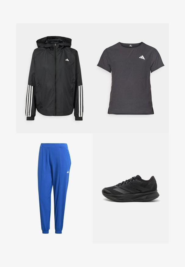 Crna lagana jakna s kapuljačom, s punim zdravo zatvaranjem, elastičnim manžetama i bijelim trostrukim trakama na rukavima.; Majica kratkih rukava za sport, tamno siva s perforiranim uzorkom. Ima bijeli logo i kontrastne bočne pruge. Zaobljeni izrez.; adidas Performance AEROREADY ESSENTIALS MINIMAL BRANDING WOVEN - Donji dijelovi trenirke - semi lucid blue; Crne trkaće tenisice s prozračnom mrežastom gornjom konstrukcijom, zaobljenim prstima, elegantnim dizajnom, teksturiranim detaljima i mekanim potplatom za udobnost.