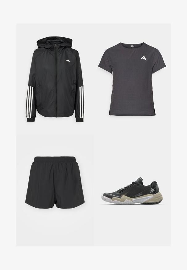 Chaqueta ligera negra con capucha, que cuenta con un cierre frontal de cremallera completa, puños elásticos y acentos blancos de tres rayas en las mangas.; Camiseta atlética de manga corta, gris oscuro con textura perforada. Presenta un logo blanco y rayas laterales en contraste. Escote redondeado.; Pantalones cortos de running negros con cintura elástica, tejido ligero y un diseño texturizado que presenta sutiles acentos en los laterales.; Zapatilla deportiva negra y beige con parte superior texturizada, diseño de suela prominente, acentos reflectantes y sistema de cordones. Construcción ligera.