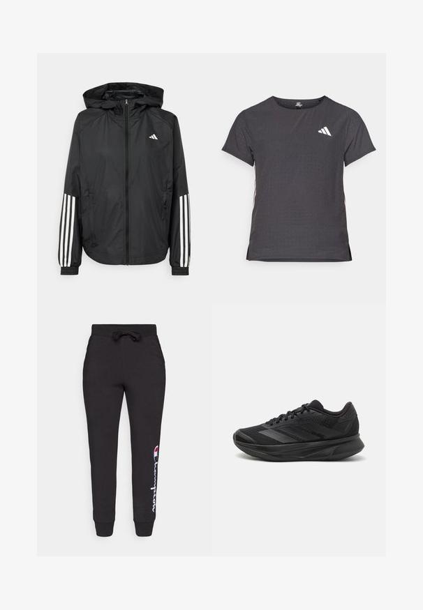 Svart lätt jacka med huva, som har full dragkedja framtill, elastiska ärmslut och vita tre-stripes accenter på ärmarna.; Kortärmad atletisk t-shirt, mörkgrå med perforerad textur. Har en vit logotyp och kontrasterande sidostripes. Rundad halsringning.; Svarta sweatpants i mjukt tyg, med dragsko i midjan och ribbade manschetter, med en vit och röd "Champion"-logotyp på sidan.; Svart löparskor med ett andningsbart mesh-övre, rund tå, elegant design, texturerade accenter och en dämpad sula för komfort.