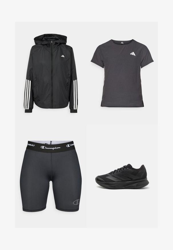 Crna lagana jakna s kapuljačom, s punim zdravo zatvaranjem, elastičnim manžetama i bijelim trostrukim trakama na rukavima.; Majica kratkih rukava za sport, tamno siva s perforiranim uzorkom. Ima bijeli logo i kontrastne bočne pruge. Zaobljeni izrez.; Crne atletske kratke hlače s Champion logom i Combat brendingom na širokom pojasu. Napravljene od glatkog, rastezljivog materijala.; Crne trkaće tenisice s prozračnom mrežastom gornjom konstrukcijom, zaobljenim prstima, elegantnim dizajnom, teksturiranim detaljima i mekanim potplatom za udobnost.