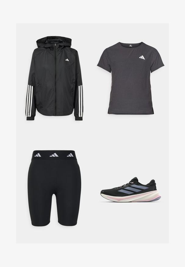 Svart lett jakke med hette, med full glidelås foran, elastiske mansjetter og hvite tre-stripes detaljer på ermene.; Kortermet treningstrøye, mørkegrå med perforert tekstur. Har en hvit logo og kontrasterende side-striper. Rund halslinje.; Sorte idrettsshorts med en tettsittende design, laget av elastisk materiale. Har en bred svart midjebånd med hvite merkevaredetaljer.; Svart løpesko med mesh-overdel, lyse lilla detaljer og tre horisontale grå striper. Har en polstret såle for komfort.