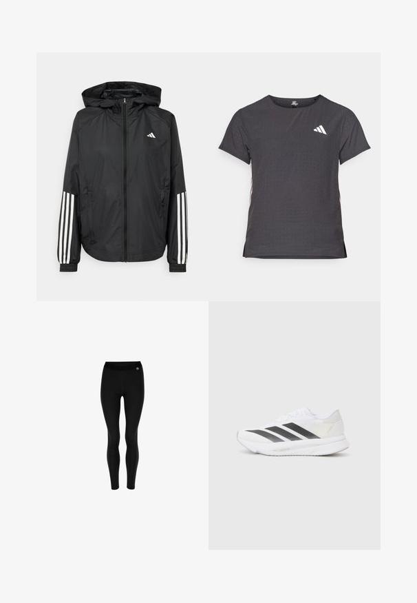 Sort letvægtsjakke med hætte, der har fuld lynlås fortil, elastiske manchetter og hvide tre-stribede detaljer på ærmerne.; Kortærmet atletisk t-shirt, mørkegrå med perforeret tekstur. Har et hvidt logo og kontrastfarvede sidelister. Rundet halsudskæring.; Sorte leggings lavet af strækbart materiale med høj talje og glat tekstur. Ingen mønstre; enkelt og kropsnært design.; Hvide sportsko med sorte diagonale striber, mesh-overdel, rund tå og tekstureret sål. Accenter inkluderer en sølv hæl og et minimalistisk design.