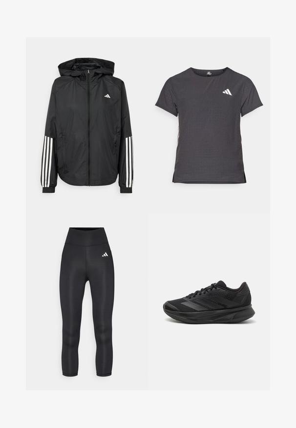 Giacca leggera nera con cappuccio, caratterizzata da una zip frontale completa, polsini elastici e accenti bianchi a tre strisce sulle maniche.; T-shirt atletico a maniche corte, grigio scuro con texture perforata. Presenta un logo bianco e strisce laterali a contrasto. Girocollo.; Leggings neri a vita alta realizzati in un materiale elasticizzato e liscio, con un piccolo logo bianco Adidas sul fianco sinistro.; Scarpa da corsa nera con tomaia in rete traspirante, punta rotonda, design elegante, dettagli testurizzati e suola ammortizzata per il comfort.
