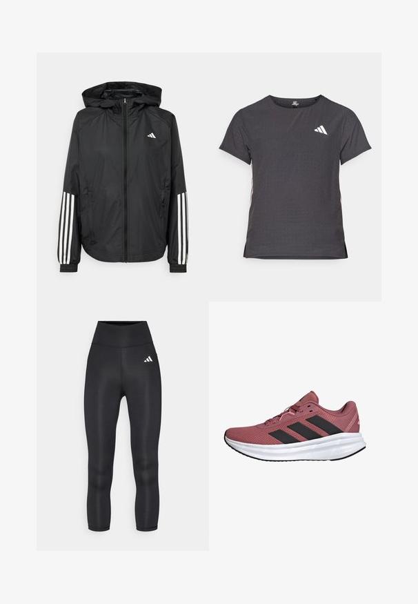 Svart lätt jacka med huva, som har full dragkedja framtill, elastiska ärmslut och vita tre-stripes accenter på ärmarna.; Kortärmad atletisk t-shirt, mörkgrå med perforerad textur. Har en vit logotyp och kontrasterande sidostripes. Rundad halsringning.; Svarta högmidjade leggings med ett slätt, elastiskt material och en liten vit Adidas-logotyp på vänster höft.; Rosa träningssko gjord av andningsbart mesh, med svarta ränder och snörningsdesign. Har en vit mellansula och en strukturerad gummiyttersula.