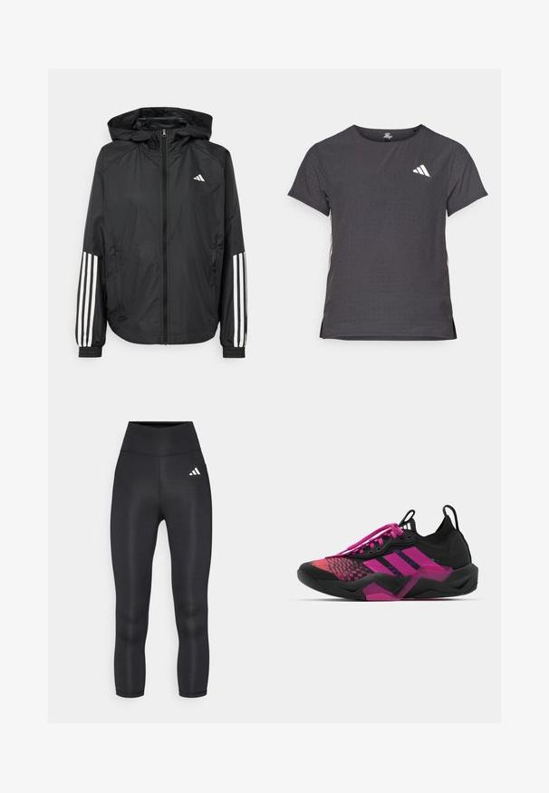 Mustikas kerge jope kapuutsiga, eesmise täispika zipiga, elastsete varrukate ja valgete kolme triibu aktsentidega varrukatel.; Lühikese varrukaga sportlik T-särk, tumehall, perforatsiooni tekstuuriga. Omab valget logo ja kontrastset külgtriipu. Ümar kaelus.; Mustade kõrge vöökohaga legginsid, millel on sujuv ja veniv materjal ning vasaku puusa peal väike valge Adidas'i logo.; Must värvi ja roosa treeningjalanõud, millel on tekstuuriga pealis, mustriga disain, silmatorkavad nöörid ja paks tald, millel on roosad aktsendid.