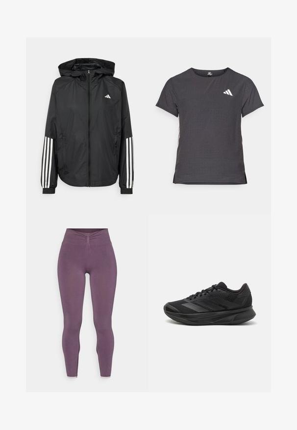 Crna lagana jakna s kapuljačom, s punim zdravo zatvaranjem, elastičnim manžetama i bijelim trostrukim trakama na rukavima.; Majica kratkih rukava za sport, tamno siva s perforiranim uzorkom. Ima bijeli logo i kontrastne bočne pruge. Zaobljeni izrez.; Yogasearcher CHENDA SEAMLESS LEGGING - Tajice - topaze; Crne trkaće tenisice s prozračnom mrežastom gornjom konstrukcijom, zaobljenim prstima, elegantnim dizajnom, teksturiranim detaljima i mekanim potplatom za udobnost.