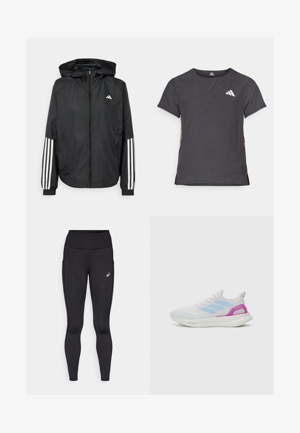 Schwarze, leichte Jacke mit Kapuze, die einen durchgehenden Reißverschluss, elastische Bündchen und weiße dreistreifige Akzente an den Ärmeln aufweist.; Kurze Ärmel Sport-T-Shirt, dunkelgrau mit durchbrochener Textur. Enthält ein weißes Logo und kontrastierende Seitenstreifen. Runder Ausschnitt.; Schwarze Leggings mit hohem Bund, gefertigt aus glattem, elastischem Material. Verfügt über ein dezentes Logo an den Oberschenkeln und Seitenfächern.; adidas Performance PUREBOOST 5 - Laufschuh Straße - white/glow blue/purple burst