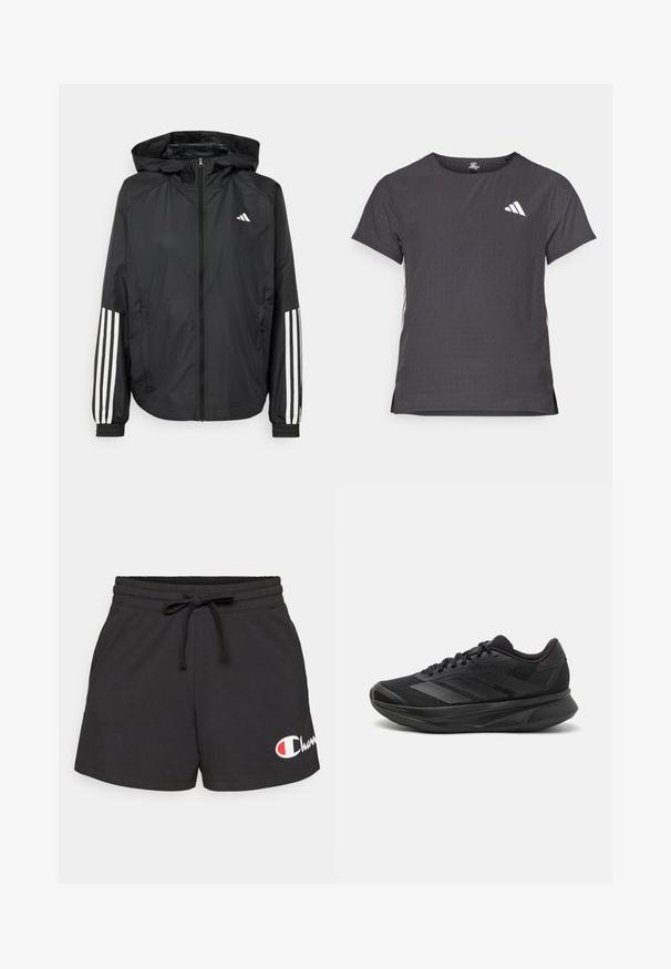 Zwarte lichtgewicht jas met een capuchon, met een volledige ritssluiting aan de voorkant, elastische manchetten en witte accenten met drie strepen op de mouwen.; Korte mouwen sport t-shirt, donkergrijs met geperforeerde textuur. Bevat een wit logo en contrasterende zijstrepen. Ronde halslijn.; Zwarte katoenen shorts met een elastische tailleband en een trekkoord. Kenmerkt een wit en rood logo aan de onderkant aan de linkerkant. Gladde textuur.; Zwarte hardloopschoen met een ademende mesh bovenkant, ronde neus, slank ontwerp, textuuraccenten en een gevoerde zool voor comfort.