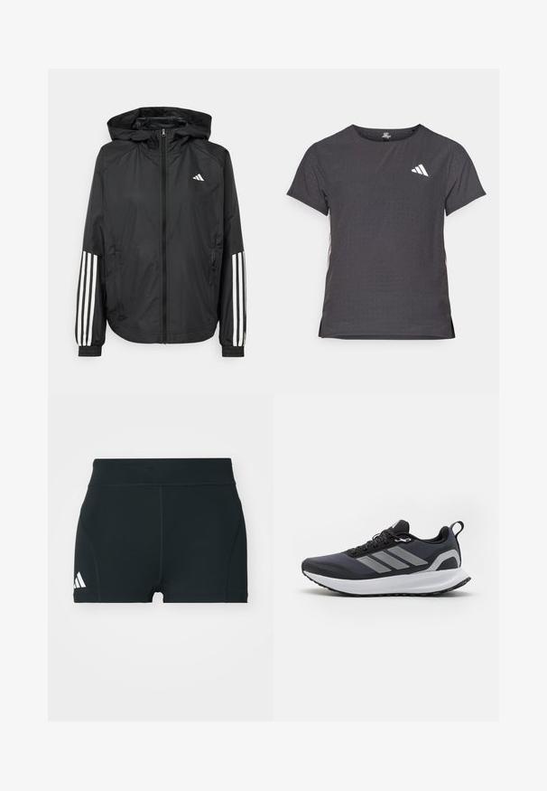 Černá lehká bunda s kapucí, která má plný zip vpředu, elastické manžety a bílé třípruhové akcenty na rukávech.; Kraťasový sportovní tričko, tmavě šedé barvy s perforovanou texturou. Obsahuje bílé logo a kontrastní boční pruhy. Kulatý výstřih.; Černé sportovní šortky vyrobené z elastického materiálu, s vysokým pasem, těsným střihem a bílým logem Adidas na levé straně.; Černá sportovní bota s prodyšným svrškem, bílou mezipodešví, texturovanou gumovou podešví a třemi šedými pruhy na boku. Obsahuje šňůrky a poutko.