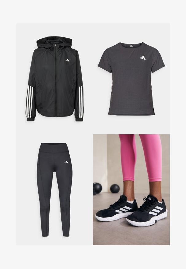 Črna lahka jakna s kapuco, z polnim zadrgo spredaj, elastikami na zapestjih in belimi tridelnimi poudarki na rokavih.; Kratka športna majica s kratkimi rokavi, temno siva z perforirano teksturo. Ima bel logotip in kontrastne stranske črte. Okrogel ovratnik.; Črne rebraste legice z visokim pasom, ki imajo stransko žep in majhno belo logo na levem stegnu. Gladka tekstura, prilegajoča zasnova.; Črne športne čevlje z belimi črtami, teksturirano mrežasto zgornjišče in belo podplat. Obuti z roza legginsom, ki prikazujejo športno obleko.