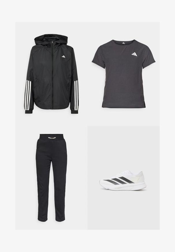 Schwarze, leichte Jacke mit Kapuze, die einen durchgehenden Reißverschluss, elastische Bündchen und weiße dreistreifige Akzente an den Ärmeln aufweist.; Kurze Ärmel Sport-T-Shirt, dunkelgrau mit durchbrochener Textur. Enthält ein weißes Logo und kontrastierende Seitenstreifen. Runder Ausschnitt.; Schwarze sportliche Jogginghosen mit einer weichen Textur, ausgestattet mit einem gerippten Taillenbund und seitlichen Streifen sowie einem Reißverschluss am Saum für eine verstellbare Passform.; Weißer Sportschuh mit schwarzen diagonalen Streifen, Mesh-Obermaterial, abgerundetem Zehenbereich und strukturiertem Profil. Akzente sind ein silberner Heel und ein minimalistisches Design.