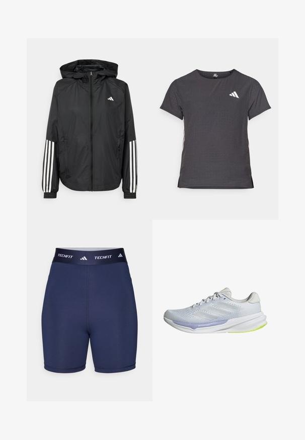 Black lightweight jacket with a hood, featuring a full zip front, elastic cuffs, and white three-stripe accents on sleeves.; Short-sleeve athletic t-shirt, dark gray with perforated texture. Features a white logo and contrasting side stripes. Rounded neckline.; Navy blue athletic shorts with a smooth texture, elastic waistband featuring "TECHFIT" and three stripes logo, fitted design, minimal seams.; White athletic shoe with a breathable mesh upper, textured design, and lavender accent. Features a cushioned sole with green outsole details.