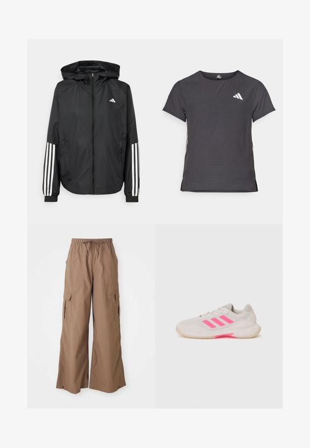 Musta kevyt takki hupparilla, jossa on täysipitkä vetoketju, elastiset hihansuut ja valkoiset kolmonauha-tyyliset yksityiskohdat hihoissa.; Lyhythihainen urheilupaita, tummanharmaa, jossa on reikäkudot. Ominaisuuksina valkoinen logo ja kontrastiväriset sivusuunnat. Pyöreä pääntie.; Ruskeat löysät cargo-housut, joissa on naruotsikko, sivutaskut ja leveä lahkeiden muotoilu, esiteltynä valkoista taustaa vasten.; Vaaleanharmaa urheilukenkä, jossa on vaaleanpunaisia yksityiskohtia ja kolme suoraa viivaa. Kenkässä on verkkomateriaali päällinen, pehmustettu kieli ja kumipohja, jossa on hyvä pito.