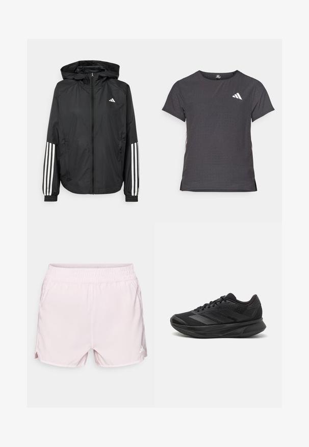 Fekete, könnyű dzseki kapucnival, teljes cipzárral, elasztikus mandzsettákkal és fehér, háromcsíkkal díszített ujjakon.; Rövid ujjú sport póló, sötétszürke perforált textúrával. Fehér logóval és kontrasztos oldalsávokkal rendelkezik. Kerek nyakkal.; Rózsaszín sportshorts rugalmas derékkal, könnyű anyagból, oldalsó sliccekkel és egy kis fehér logóval az alsó jobb oldalon.; Fekete futócipő lélegző hálós felsőrésszel, kerek orral, stílusos dizájnnal, texturált részletekkel és párnázott talppal a kényelem érdekében.