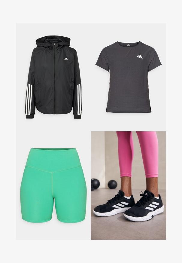 Veste légère noire avec capuche, dotée d'une fermeture à glissière intégrale, de poignets élastiques et d'accents blancs à trois rayures sur les manches.; T-shirt de sport à manches courtes, gris foncé avec une texture perforée. Présente un logo blanc et des rayures latérales contrastantes. Encolure arrondie.; Shorts de sport verts en matériau extensible, dotés d'une taille haute, d'une texture lisse et de détails de couture contrastée.; Baskets de sport noires avec des rayures blanches, tige en mesh texturé et semelle blanche. Portées avec des leggings roses, mettant en valeur des vêtements d'entraînement.