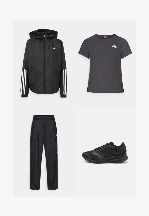 Melnā vieglā jaka ar kapuci, ar pilnu rāvējslēdzēju priekšā, elastīgām aprocēm un baltām trīs svītru akcentiem uz piedurknēm.; Īsām piedurkņu sporta T-krekls, tumši pelēks ar perforētu tekstūru. Iespējots ar baltu logotipu un kontrastējošām sānu svītrām. Apaļa kakla izgriezums.; Melnas sporta bikses ar krokojumu, elastīgu jostasvietu un sānu svītrām. Izgatavotas no gludas auduma, ar baltu Adidas logotipu.; Melna skrienošā kurpe ar elpojošu sieta augšdaļu, noapaļotu purngalu, elegantu dizainu, teksturētām akcentiem un mīkstinošu zoli komfortam.