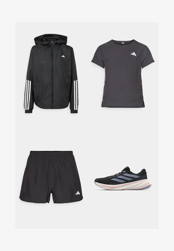 Juodas lengvas džemperis su gobtuvu, turi pilną užtrauktuką priekyje, elastingas rankovių gumytes ir baltus tris juostų akcentus ant rankovių.; Trumpas rankovėmis sportinis marškinėlis, tamsiai pilkas, su perforuota tekstūra. Yra baltas logotipas ir kontrastingos šoninės juostos. Iškirptė suapvalinta.; Juodi sportiniai šortai, pagaminti iš lengvos medžiagos. Yra elastingas juosmuo ir baltas logotipas apatiniame kairiajame kampe. Sklandus paviršius.; Juodas bėgimo batelis su tinkliniu viršumi, šviesiai purpurinėmis detalėmis ir trimis horizontaliais pilkais dryžiais. Yra paminkštintas padas komfortui.