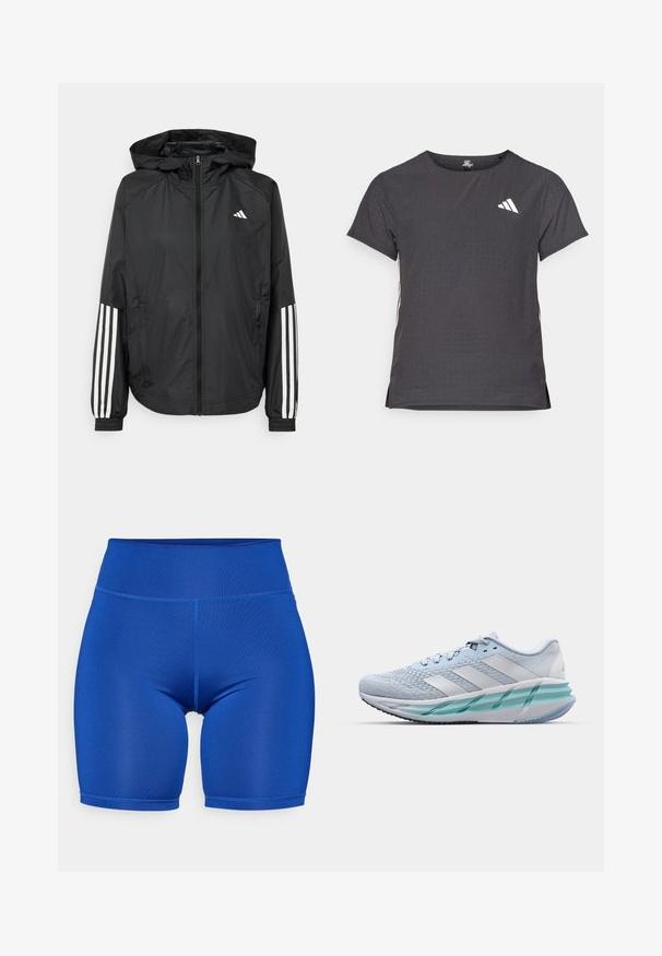 Černá lehká bunda s kapucí, která má plný zip vpředu, elastické manžety a bílé třípruhové akcenty na rukávech.; Kraťasový sportovní tričko, tmavě šedé barvy s perforovanou texturou. Obsahuje bílé logo a kontrastní boční pruhy. Kulatý výstřih.; ONLY Play ONPJAM JIMBO TRAIN SHORTS - Punčochy - surf the web; Světlomodré sportovní boty s texturovaným pleteným svrškem, bílými akcenty a průhledným zeleným mezipodešví. Oválná špička a polstrovaný límec.