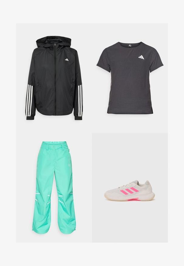 Črna lahka jakna s kapuco, z polnim zadrgo spredaj, elastikami na zapestjih in belimi tridelnimi poudarki na rokavih.; Kratka športna majica s kratkimi rokavi, temno siva z perforirano teksturo. Ima bel logotip in kontrastne stranske črte. Okrogel ovratnik.; Turkizne vodoodporne hlače s sproščenim krojem, nastavljivim pasom, odsevnimi črtami in zadrgami na koncih za dodatno funkcionalnost.; Svetlo sivi atletski čevelj s roza akcenti in tremi črtami. Ima mrežast zgornji del, oblazinjen jeziček in gumijast podplat z oprijemom.