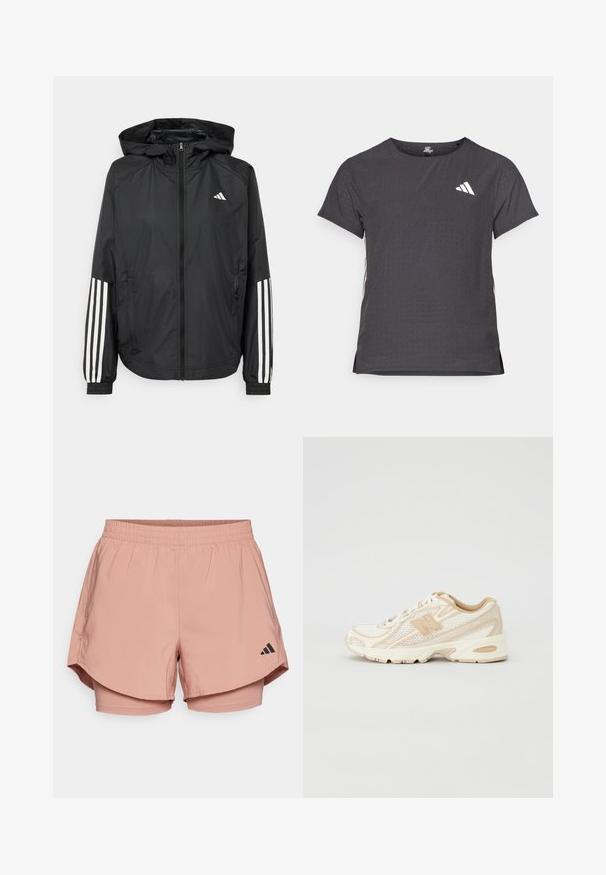 Black lightweight jacket with a hood, featuring a full zip front, elastic cuffs, and white three-stripe accents on sleeves.; Short-sleeve athletic t-shirt, dark gray with perforated texture. Features a white logo and contrasting side stripes. Rounded neckline.; Pink athletic shorts with an elastic waistband, layered design, side pockets, and black Adidas logo on the lower right side.; Lightweight running shoe in white mesh and beige synthetic materials, featuring a padded collar, laces, and a textured rubber sole.