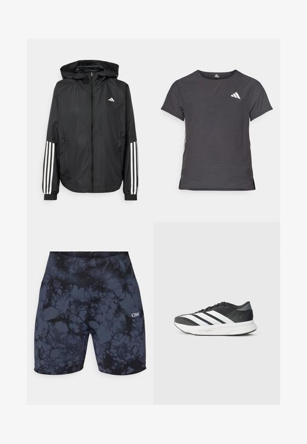 Svart lätt jacka med huva, som har full dragkedja framtill, elastiska ärmslut och vita tre-stripes accenter på ärmarna.; Kortärmad atletisk t-shirt, mörkgrå med perforerad textur. Har en vit logotyp och kontrasterande sidostripes. Rundad halsringning.; Höga sportshorts i svart och mörkgrått med ett marmormönster. Tillverkade av elastiskt, slätt material med en liten logotyp.; Svart atletisk sko med vita ränder, överdel i mesh, dämpad sula och en elegant design. Grå detaljer på hälen och tungan.