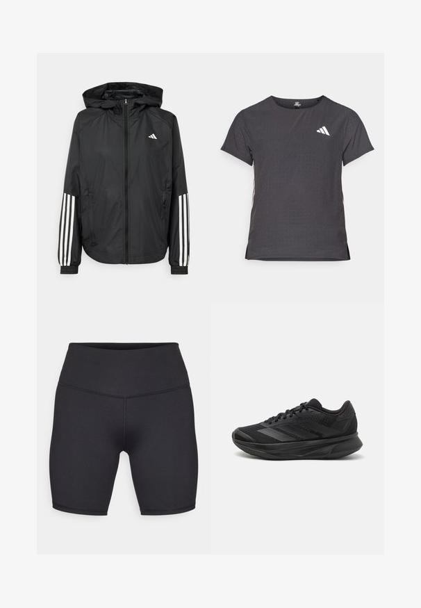 Giacca leggera nera con cappuccio, caratterizzata da una zip frontale completa, polsini elastici e accenti bianchi a tre strisce sulle maniche.; T-shirt atletico a maniche corte, grigio scuro con texture perforata. Presenta un logo bianco e strisce laterali a contrasto. Girocollo.; Champion PERFORMANCE SOFT TOUCH BIKE SHORTS - Leggings - black; Scarpa da corsa nera con tomaia in rete traspirante, punta rotonda, design elegante, dettagli testurizzati e suola ammortizzata per il comfort.