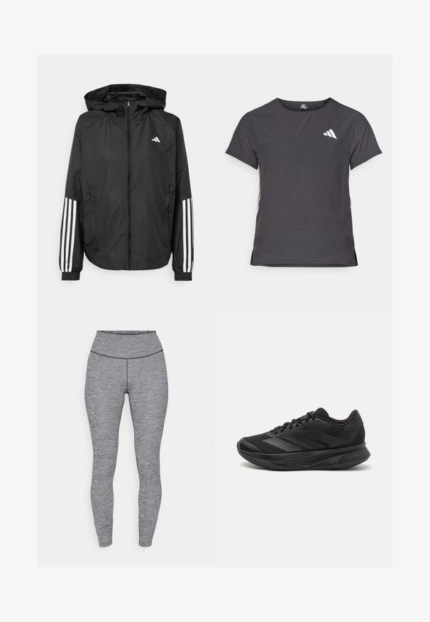Zwarte lichtgewicht jas met een capuchon, met een volledige ritssluiting aan de voorkant, elastische manchetten en witte accenten met drie strepen op de mouwen.; Korte mouwen sport t-shirt, donkergrijs met geperforeerde textuur. Bevat een wit logo en contrasterende zijstrepen. Ronde halslijn.; Grijze, hoogsluitende leggings van textuurstof. Ontworpen voor een aansluitende pasvorm, met een naadloze tailleband en geen zichtbare hardware.; Zwarte hardloopschoen met een ademende mesh bovenkant, ronde neus, slank ontwerp, textuuraccenten en een gevoerde zool voor comfort.