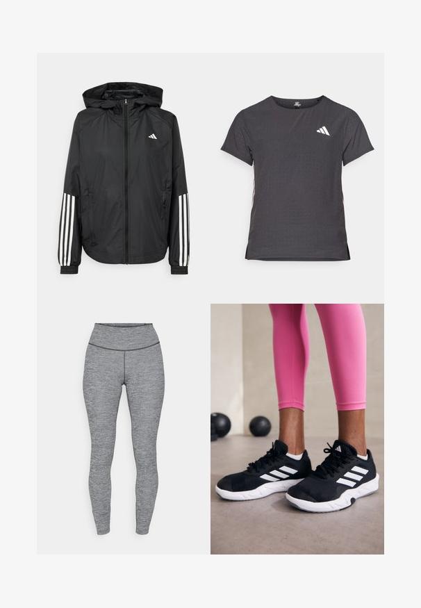 Čierna ľahká bunda s kapucňou, s celoprsným zipsom, elastickými manžetami a bielymi trojprúžkovými akcentmi na rukávoch.; Tričko s krátkym rukávom pre šport, tmavosivé s perforovanou textúrou. Obsahuje biele logo a kontrastné bočné pruhy. Okrúhly výstrih.; Šedé legíny s vysokým pásom vyrobené z textúrovanej látky. Navrhnuté pre priliehavý strih, s bezšvovým pásom a bez viditeľných prvkov.; Čierne atletické topánky s bielymi pruhmi, textúrovaný sieťovaný zvršok a biela podrážka. Nosené s ružovými legínami, ukazujúce tréningové oblečenie.