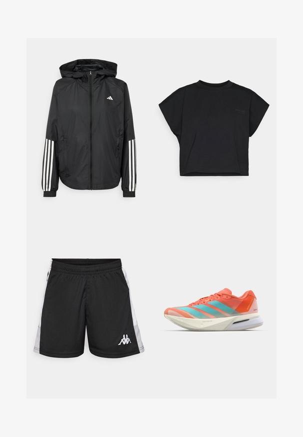 Schwarze, leichte Jacke mit Kapuze, die einen durchgehenden Reißverschluss, elastische Bündchen und weiße dreistreifige Akzente an den Ärmeln aufweist.; Schwarzes, cropped T-Shirt aus weichem Baumwollstoff mit kurzen Ärmeln und Rundhalsausschnitt. Besitzt ein dezentes Logo auf der Vorderseite.; Schwarze Sportshorts mit weißen Seitenpaneelen, elastischem Bund und weißem Logo, das zwei sitzende Figuren am unteren linken Bein zeigt.; Laufschuh mit einem atmungsaktiven Mesh-Obermaterial in Koralle und Aqua, ausgestattet mit drei Streifen, einer gepolsterten Sohle und einem eleganten Design.