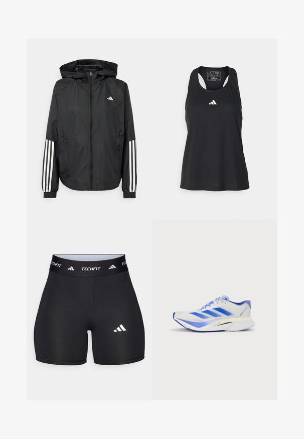 Crna lagana jakna s kapuljačom, s punim zdravo zatvaranjem, elastičnim manžetama i bijelim trostrukim trakama na rukavima.; Crna bezrukava sportska majica s okruglim izrezom i bijelim logom na prsima. Izrađena od glatkoga, laganog materijala.; Crne kratke hlače izrađene od rastezljive tkanine s prilagođenim dizajnom. Imaju široki crni pojas sa oznakom "TECHFIT" i bijeli logo na nozi.; Lagani trkački tenisice od bijele mrežice s plavim naglascima. Imaju elegantan dizajn, podstavljeni đon i tri plave dijagonalne pruge na strani.