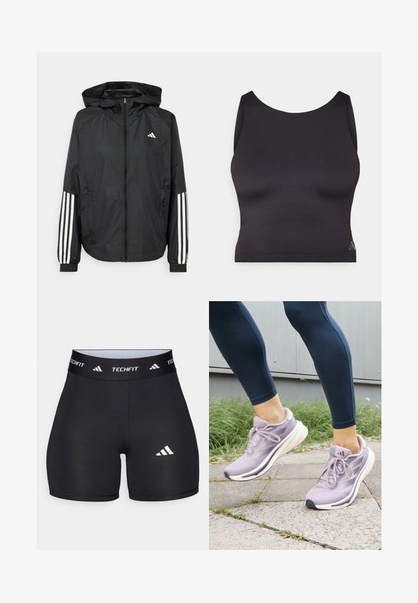 Čierna ľahká bunda s kapucňou, s celoprsným zipsom, elastickými manžetami a bielymi trojprúžkovými akcentmi na rukávoch.; Čierny športový crop top vyrobený z hladkej, elastickej tkaniny s okrúhlym výstrihom a bezrukávovým dizajnom. Obsahuje jemný detail loga.; Čierne nohavice z elastického materiálu s priliehavým strihom. Majú široký čierny pás s nápisom "TECHFIT" a bielym logom na nohe.; adidas Performance SUPERNOVA RISE W - Cestná bežecká obuv - preloved fig/putty mauve/shadow violet