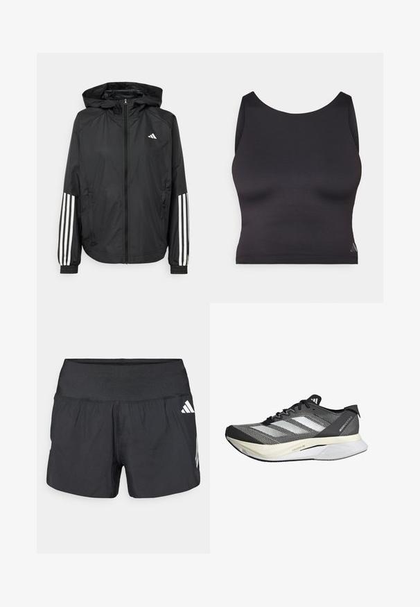 Black lightweight jacket with a hood, featuring a full zip front, elastic cuffs, and white three-stripe accents on sleeves.; Black athletic crop top made of smooth, stretch fabric with a round neckline and sleeveless design. Features subtle logo detail.; Black athletic shorts featuring a wide elastic waistband, lightweight fabric, and white logo accents on the lower side.; Black and white running shoe with a knitted upper, three side stripes, a lightweight sole, and textured detailing on the mesh.