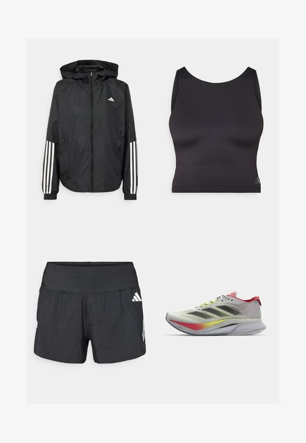 Giacca leggera nera con cappuccio, caratterizzata da una zip frontale completa, polsini elastici e accenti bianchi a tre strisce sulle maniche.; Top sportivo nero a maniche corte realizzato in tessuto liscio ed elastico, con scollatura rotonda. Presenta un discreto dettaglio del logo.; Pantaloncini sportivi neri con una fascia elastica larga in vita, tessuto leggero e dettagli del logo bianco sul lato inferiore.; Scarpe da corsa leggere di colore grigio chiaro con accenti rossi; presentano una tomaia in mesh traspirante, strisce nere e una suola con gradiente colorato.