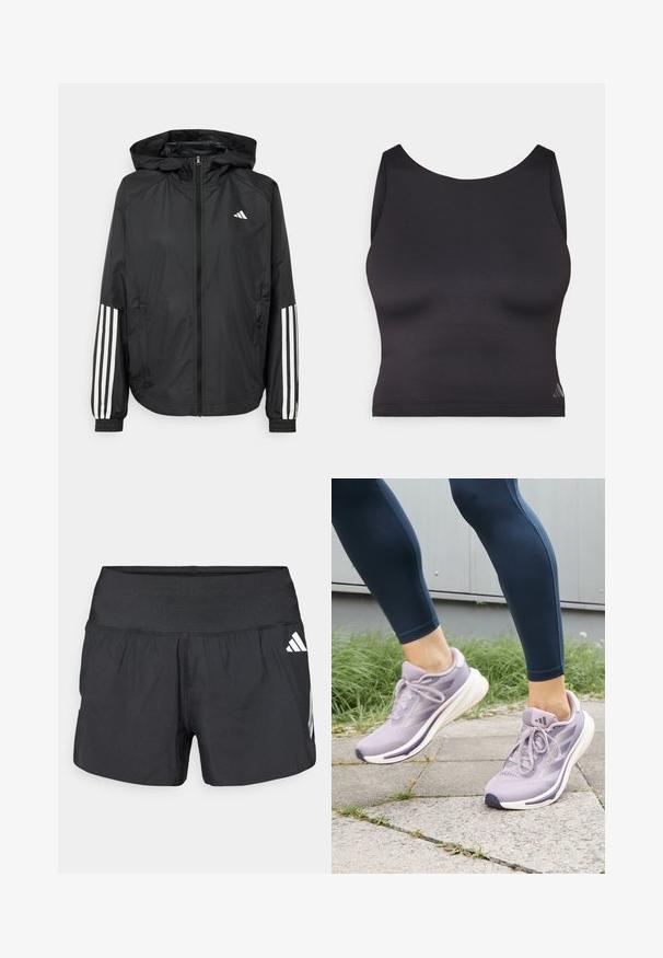 Schwarze, leichte Jacke mit Kapuze, die einen durchgehenden Reißverschluss, elastische Bündchen und weiße dreistreifige Akzente an den Ärmeln aufweist.; Schwarzes sportliches Crop-Top aus glattem, elastischem Material mit runder Ausschnittform und ärmellosem Design. Mit dezentem Logo-Detail.; Schwarze Sportshorts mit einem breiten elastischen Bund, leichtem Stoff und weißen Logoakzenten an der unteren Seite.; adidas Performance SUPERNOVA RISE W - Laufschuh Straße - preloved fig/putty mauve/shadow violet