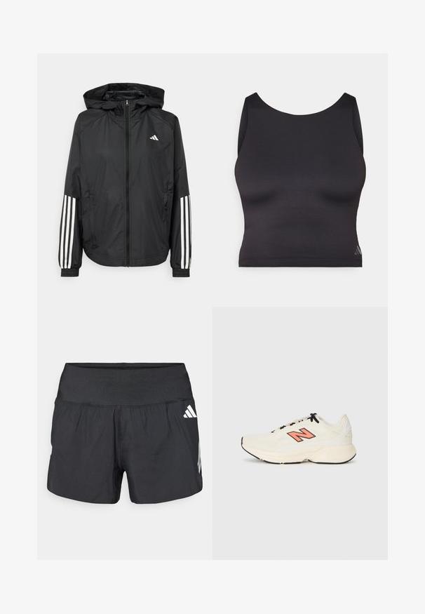 Svart lätt jacka med huva, som har full dragkedja framtill, elastiska ärmslut och vita tre-stripes accenter på ärmarna.; Svart atletisk crop top gjord av ett mjukt, stretchigt tyg med rund halsringning och ärmlös design. Har subtil logodetalj.; Svarta sportshorts med bred resår i midjan, lättviktstyg och vita logodetaljer på nedre sidan.; Krämfärgad atletisk sneaker med svarta snören, tjock sula och orange "N"-logotyp på sidan, visad från vänster profil på vit bakgrund.