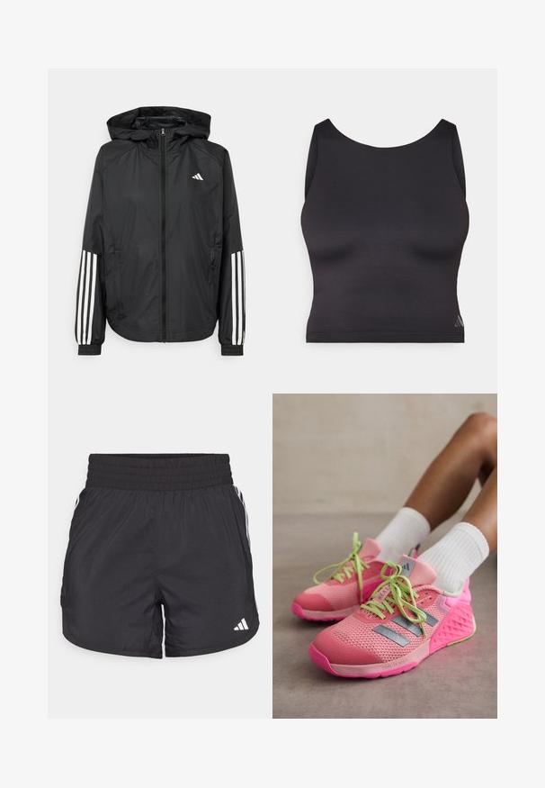 Čierna ľahká bunda s kapucňou, s celoprsným zipsom, elastickými manžetami a bielymi trojprúžkovými akcentmi na rukávoch.; Čierny športový crop top vyrobený z hladkej, elastickej tkaniny s okrúhlym výstrihom a bezrukávovým dizajnom. Obsahuje jemný detail loga.; Čierne športové šortky s elastickým pásom, bočnými vreckami a bielymi pruhmi po stranách. Vyrobené z ľahkého materiálu.; adidas Performance DROPSET 3 - Tréningová obuv - semi pink spark/iron metallic/silver dawn