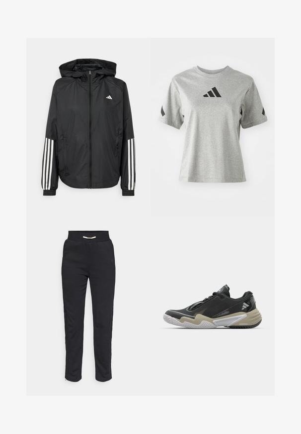Fekete, könnyű dzseki kapucnival, teljes cipzárral, elasztikus mandzsettákkal és fehér, háromcsíkkal díszített ujjakon.; Szürke, kerek nyakú póló, puha anyagból készült, fekete Adidas logóval a mellkasán és fekete részletekkel a ujjain.; Fekete sportos jogging nadrág puha textúrával, bordázott derékrésszel és oldalsó csíkokkal, az alján cipzárral az állítható illeszkedés érdekében.; Fekete és bézs sportcipő texturált felsőrésszel, hangsúlyos talpdesignnal, fényvisszaverő kiegészítőkkel és fűzőrendszerrel. Könnyű kivitel.