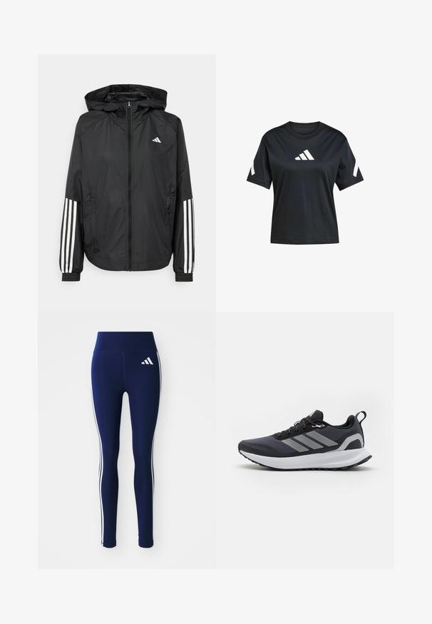 Musta kevyt takki hupparilla, jossa on täysipitkä vetoketju, elastiset hihansuut ja valkoiset kolmonauha-tyyliset yksityiskohdat hihoissa.; Musta lyhythihainen t-paita, joka on valmistettu pehmeästä kankaasta ja jossa on valkoinen Adidas-logo edessä ja valkoiset yksityiskohdat hihassa.; Navy legginsit, jotka on valmistettu joustavasta kankaasta, korkealla vyötäröllä ja valkoisilla sivuraitoja. Pienet valkoiset logo on näkyvissä yläreidessä.; Musta urheilukenkä, jossa on verkkomateriaalia yläosassa, valkoinen välipohja, teksturoitu kumipohja ja kolme harmaata raitaa sivussa. Varusteena nauhat ja vetoketju.