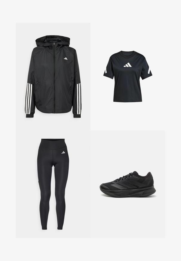 Chaqueta ligera negra con capucha, que cuenta con un cierre frontal de cremallera completa, puños elásticos y acentos blancos de tres rayas en las mangas.; Camiseta negra de manga corta hecha de una tela suave, con un logo blanco de Adidas en el frente y detalles blancos en las mangas.; Leggings negros de cintura alta hechos de un tejido elástico. Presentan un logo blanco en la cadera y acentos texturizados a lo largo de los lados. Textura suave.; Zapatilla de running negra con parte superior de malla transpirable, punta redondeada, diseño elegante, acentos texturizados y suela acolchada para mayor comodidad.