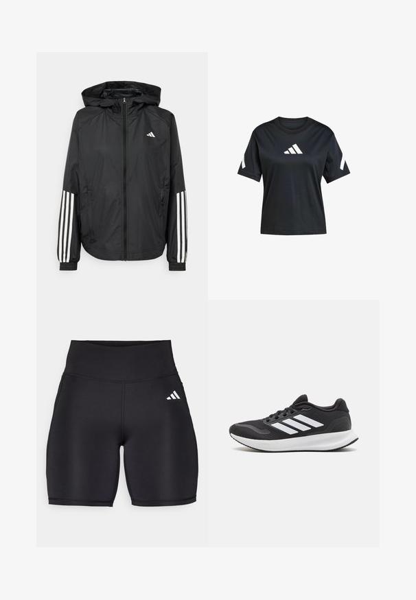 Crna lagana jakna s kapuljačom, s punim zdravo zatvaranjem, elastičnim manžetama i bijelim trostrukim trakama na rukavima.; Crna majica kratkih rukava od mekog materijala s bijelim Adidas logom sprijeda i bijelim detaljima na rukavima.; Crne atletske kratke hlače od rastezljivog materijala, s visokim pojasom, glatkom teksturom i bijelim logotipom s tri pruge sa strane.; Crna atletska cipela s mrežastim gornjištem, okruglim nosom i tri bijele trake sa strane. Lagana potplat s teksturiranim gumenim potplatom za prianjanje.