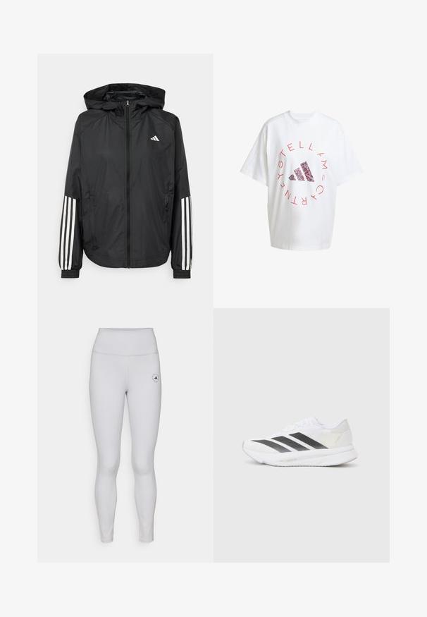 Svart lätt jacka med huva, som har full dragkedja framtill, elastiska ärmslut och vita tre-stripes accenter på ärmarna.; Överdimensionerad vit bomullströja med röd cirkulär text och en flerfärgad Adidas-logotyp i mitten. Kort ärm och rund halsringning.; Ljust grå leggings med hög midja, slät textur och en liten svart logotyp på vänster lår. Diskreta sömmar i hela designen.; Vita sportskor i vitt med svarta diagonala ränder, överdel i mesh, rundad tå och texturerad sula. Accenter inkluderar en silverfärgad häl och en minimalistisk design.