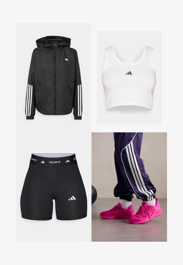 Black lightweight jacket with a hood, featuring a full zip front, elastic cuffs, and white three-stripe accents on sleeves.; White crop top made of soft fabric, featuring a round neckline and a black Adidas logo on the front. Smooth texture, sleeveless design.; Black shorts made from stretchy fabric with a fitted design. Features a wide black waistband labeled "TECHFIT" and a white logo on the leg.; Pink athletic shoes with mesh and rubber materials, featuring a textured sole, laces, and a lightweight design. Paired with purple tracksuit pants.