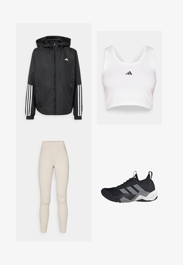 Black lightweight jacket with a hood, featuring a full zip front, elastic cuffs, and white three-stripe accents on sleeves.; White crop top made of soft fabric, featuring a round neckline and a black Adidas logo on the front. Smooth texture, sleeveless design.; Beige active leggings with a high waistband, smooth texture, and a form-fitting design. Features minimal stitching and no visible branding.; Black athletic shoe with a breathable mesh upper, grey accents, textured sole, and three distinctive stripes on the side.