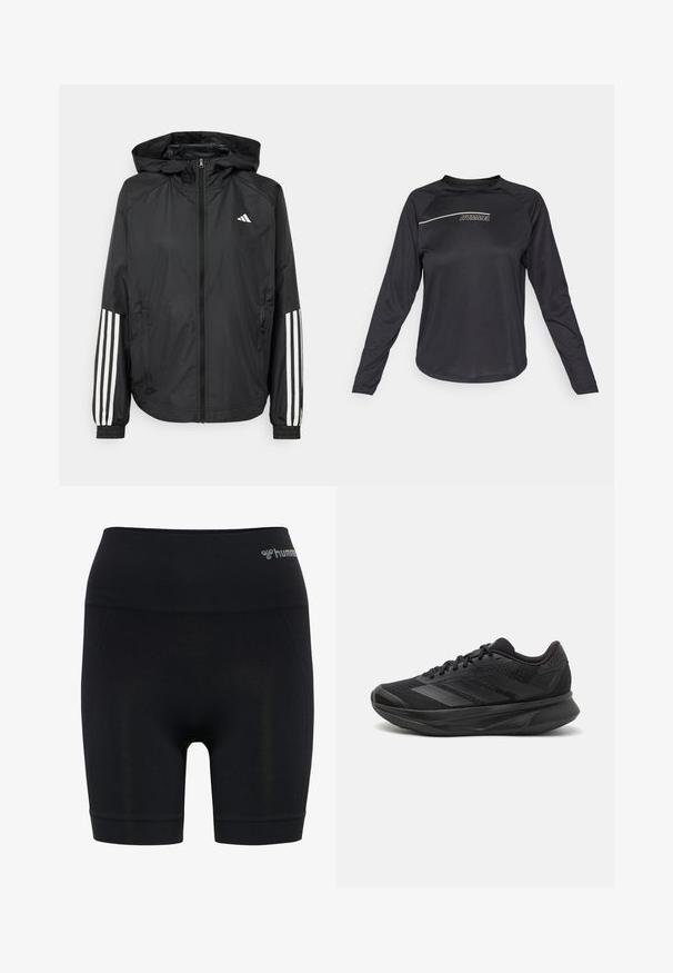 Svart lätt jacka med huva, som har full dragkedja framtill, elastiska ärmslut och vita tre-stripes accenter på ärmarna.; Svart långärmad tröja i mjukt tyg, med rundad halsringning och "HUMMEL"-logotyp i vitt på framsidan med en diagonalt accentlinje.; Svarta träningsshorts med hög midja, tillverkade av elastiskt material, med en slät yta och diskret logotyp vid midjan.; Svart löparskor med ett andningsbart mesh-övre, rund tå, elegant design, texturerade accenter och en dämpad sula för komfort.