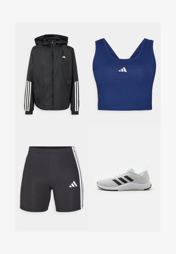 Mustikas kerge jope kapuutsiga, eesmise täispika zipiga, elastsete varrukate ja valgete kolme triibu aktsentidega varrukatel.; Tumedatest sinine spordibrasi, mis on valmistatud siledast kangast, racerback disainiga ning selle esiküljel on valge brodeeritud logo.; Mustandist valmistatud sportlikud lühikesed püksid, millel on veniv kangas, valged külgtriibud ja Adidas logo paremas alumises jalas. Sile tekstuur.; Valge spordijalats mustade triipudega, võrkkattega ülemine osa, kummist tald ja tekstuuriga aktsendid. Omab ümarat varbaosa ja polsterdatud krae.