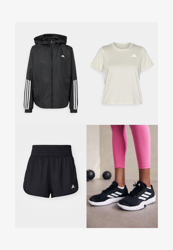Fekete, könnyű dzseki kapucnival, teljes cipzárral, elasztikus mandzsettákkal és fehér, háromcsíkkal díszített ujjakon.; adidas Performance TRAIN ESSENTIALS 3STRIPES WORKOUT - Sportfelső - alumina/white; Fekete sportnadrág, elasztikus, ráncolt derekkal és fehér logóval a jobb alsó oldalon. Simma, könnyű anyag.; Fekete sportcipők fehér csíkokkal, texturált hálós felsőrésszel és fehér talppal. Rózsaszín leggings-szel viselve, bemutatva az edzőruhákat.